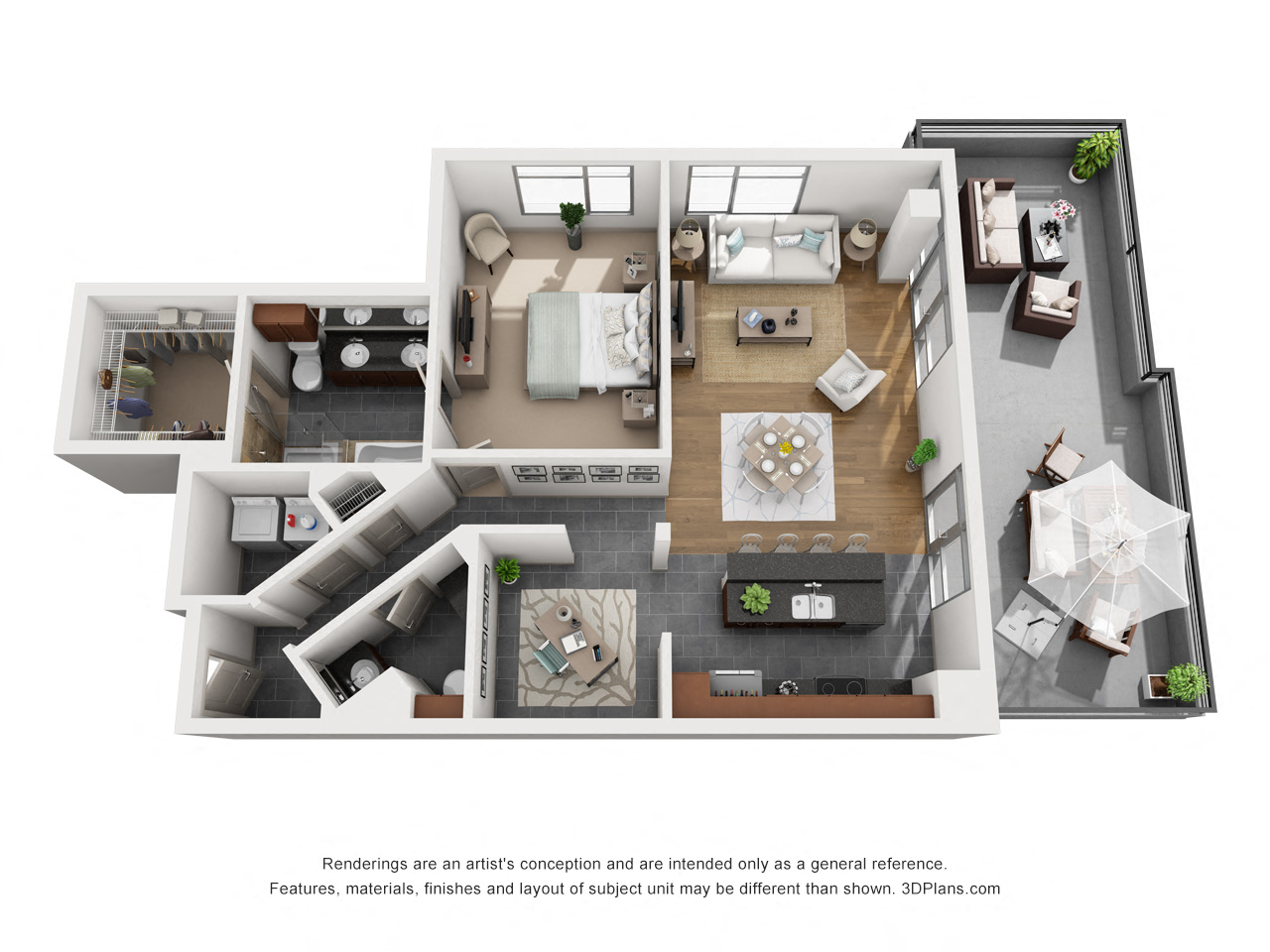 Floor plan for 1 bed, 1.5 baths, 1400 sqft